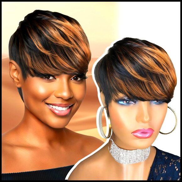 Pixie Cut Wig Human Hair Short Straight Layered Bangs Glueless Natural